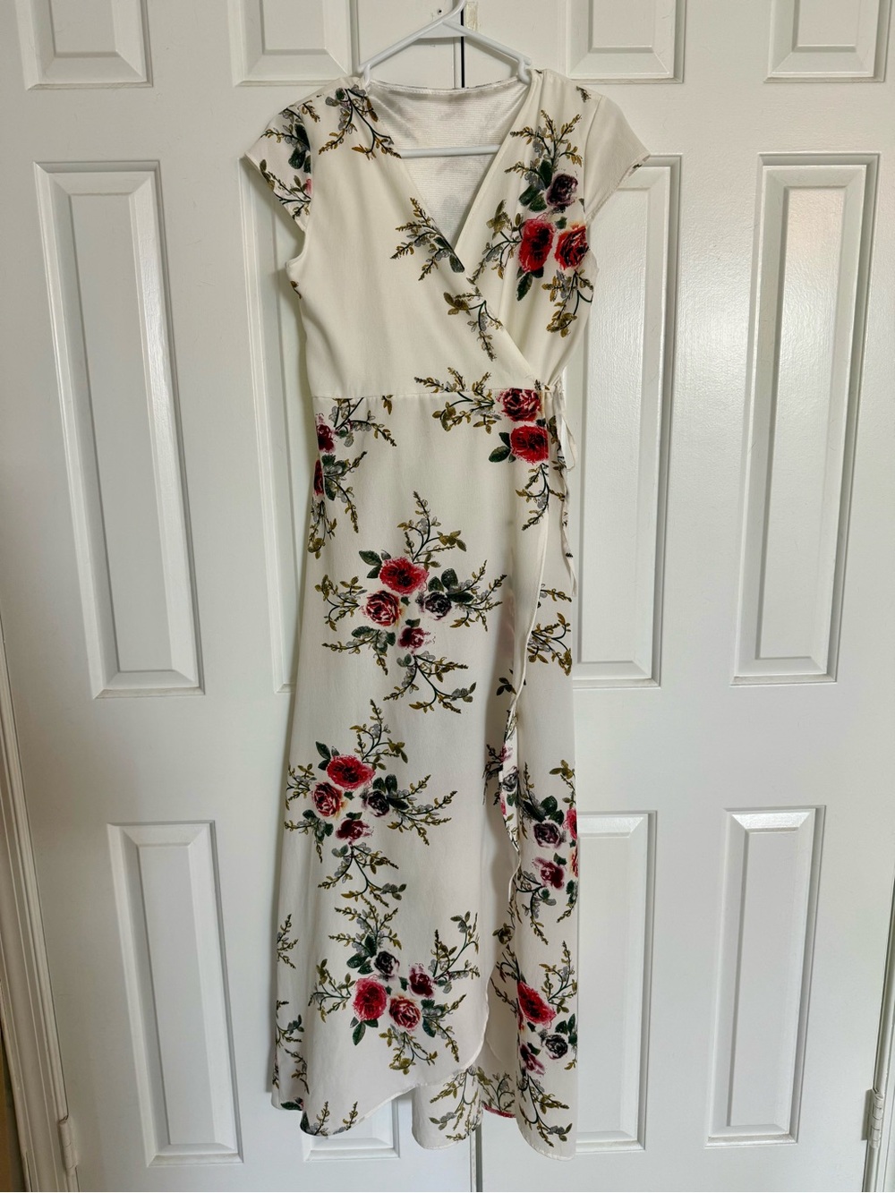 Floral Wrap Maxi Dress in Ivory with Red Rose Print
